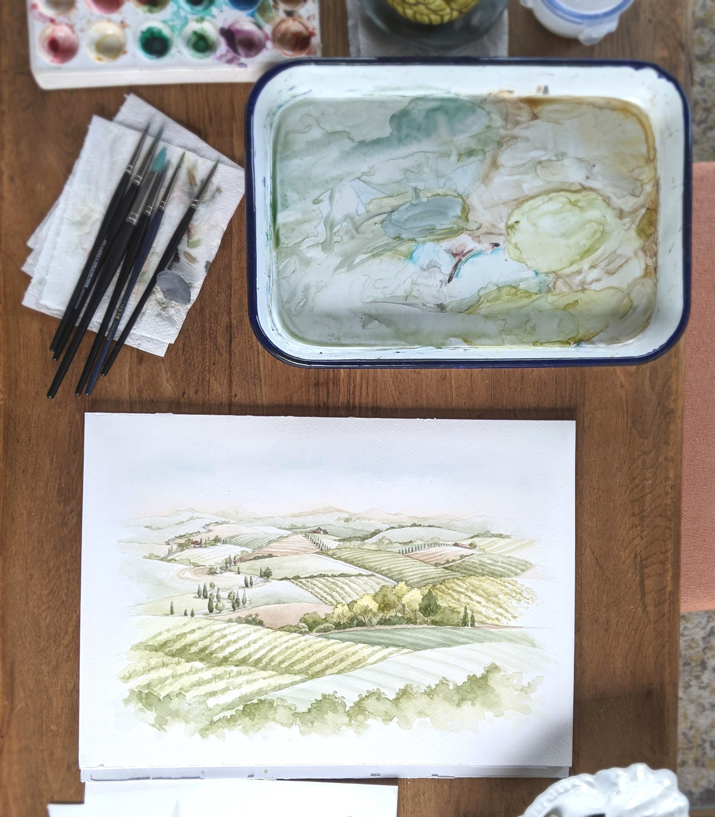 Tuscany Rolling Vineyard Hills Watercolour Venue Illustration