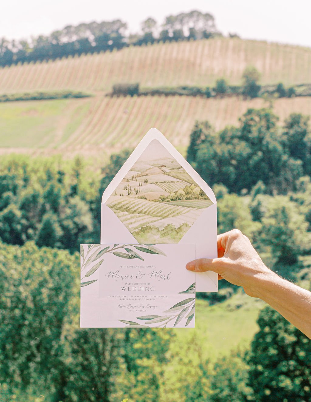 Tuscany Rolling Vineyard Hills Watercolour Wedding Stationery Envelope Liner