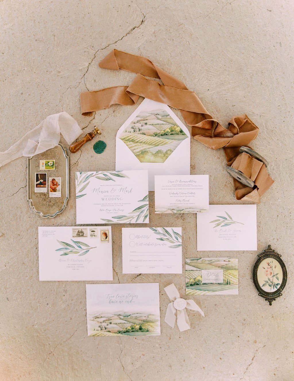 Tuscany Rolling Vineyard Hills Watercolour Wedding Stationery Suite