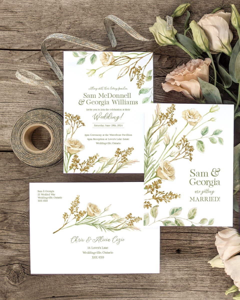 Gold Leaf and Cream Florals Wedding Invitation