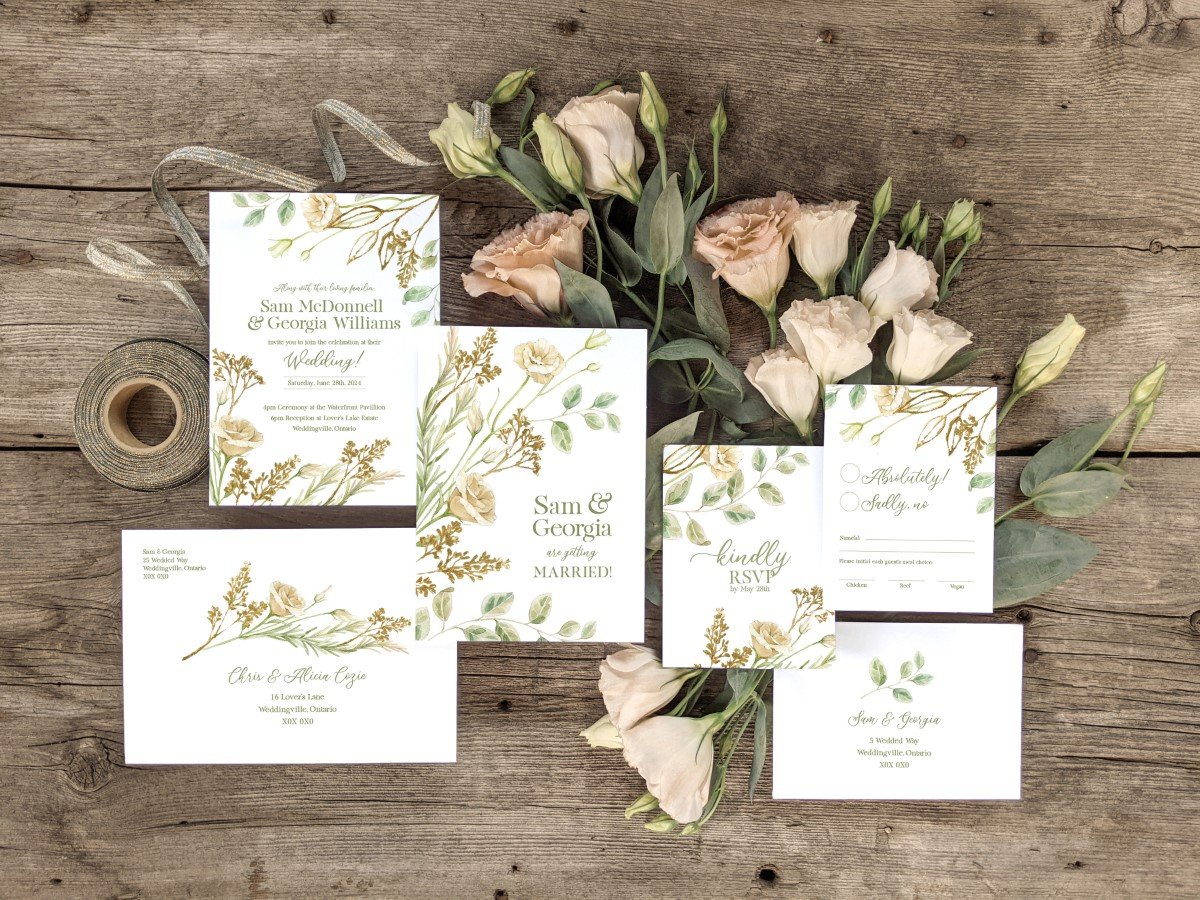 Gold Leaf and Cream Florals Wedding Invitation