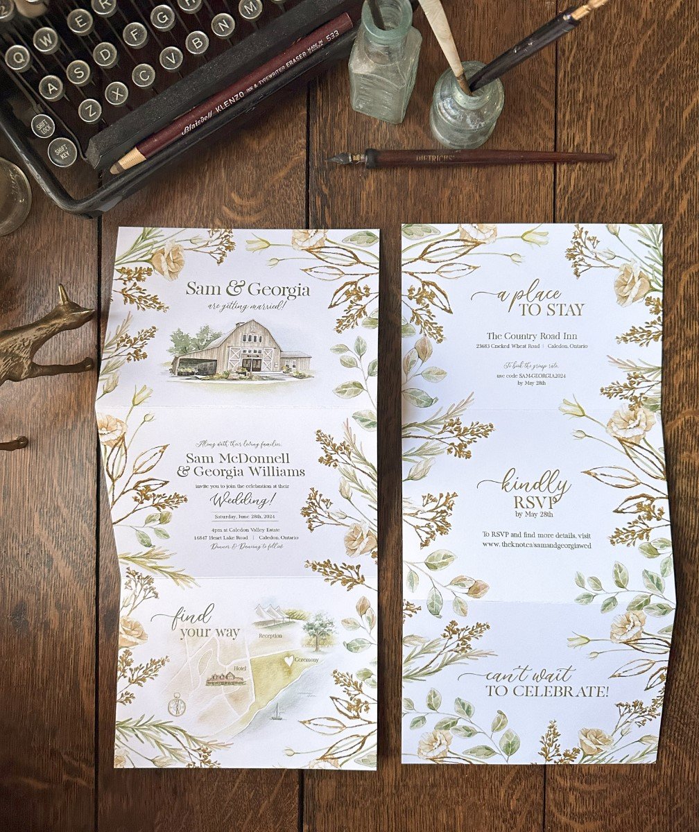 Gold Leaf and Cream Florals Folding Wedding Invitation