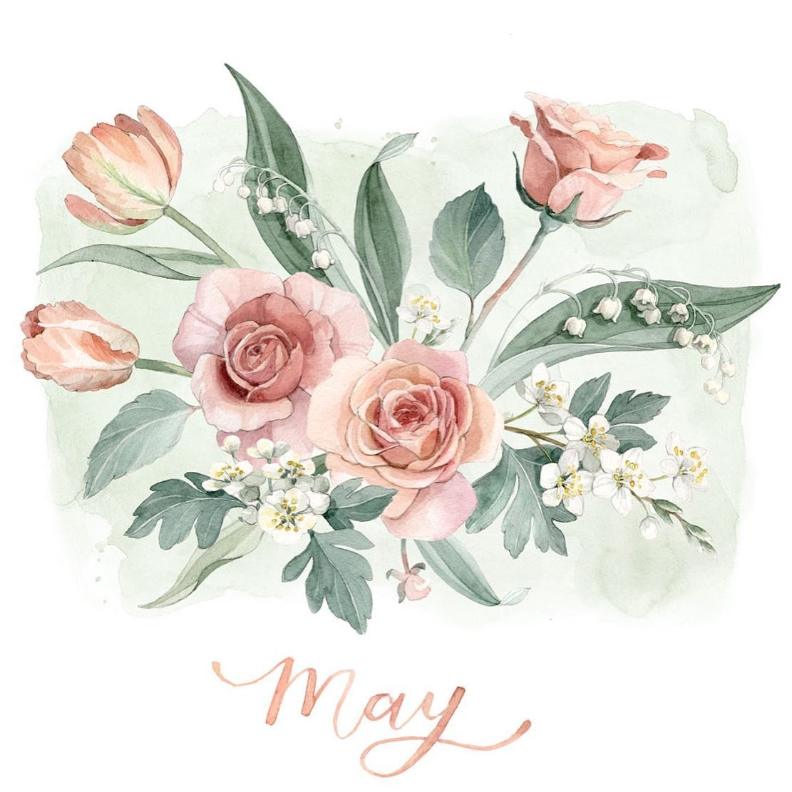 It&rsquo;s May! Each month this year I&rsquo;ll be painting a floral piece including the month&rsquo;s birth flower! May is lily of the valley and hawthorn, and I paired them with pink tulips and roses (by request from Sue S - happy birthday!)

I&rsq