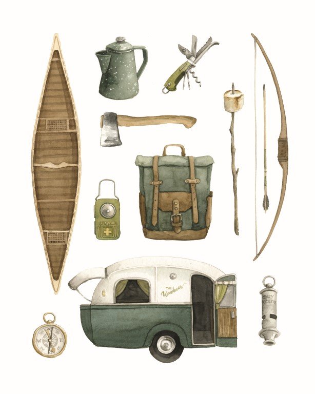 Vintage Trailer Camping Flat Lay Illustration