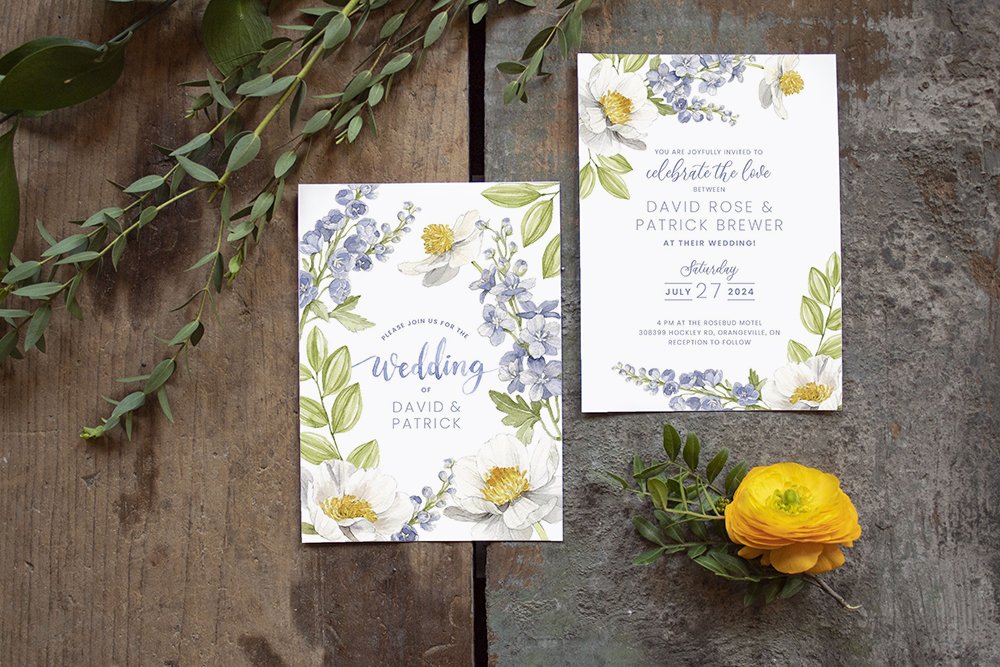 Blue Delphinium floral with Yellow Ranunculus & Peonies