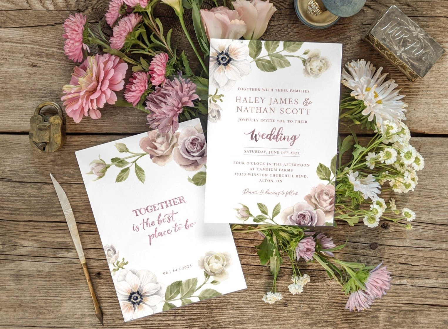 Dusty Mauve Rose & Anemone Wedding Stationery