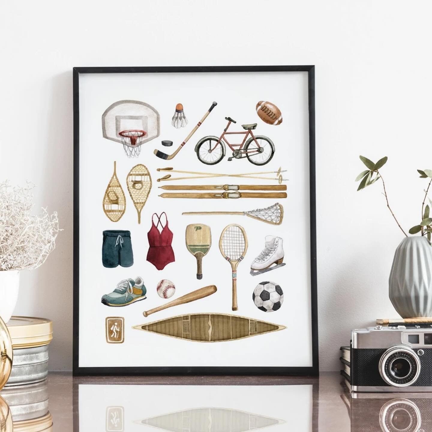 NEW PRINT! For all the athletes or sports enthusiasts, this one&rsquo;s for you :) I painted these vintage sporting goods for my &ldquo;Favourite Things&ldquo; piece, but thought they needed to be their own print as well! Do you know someone who may 