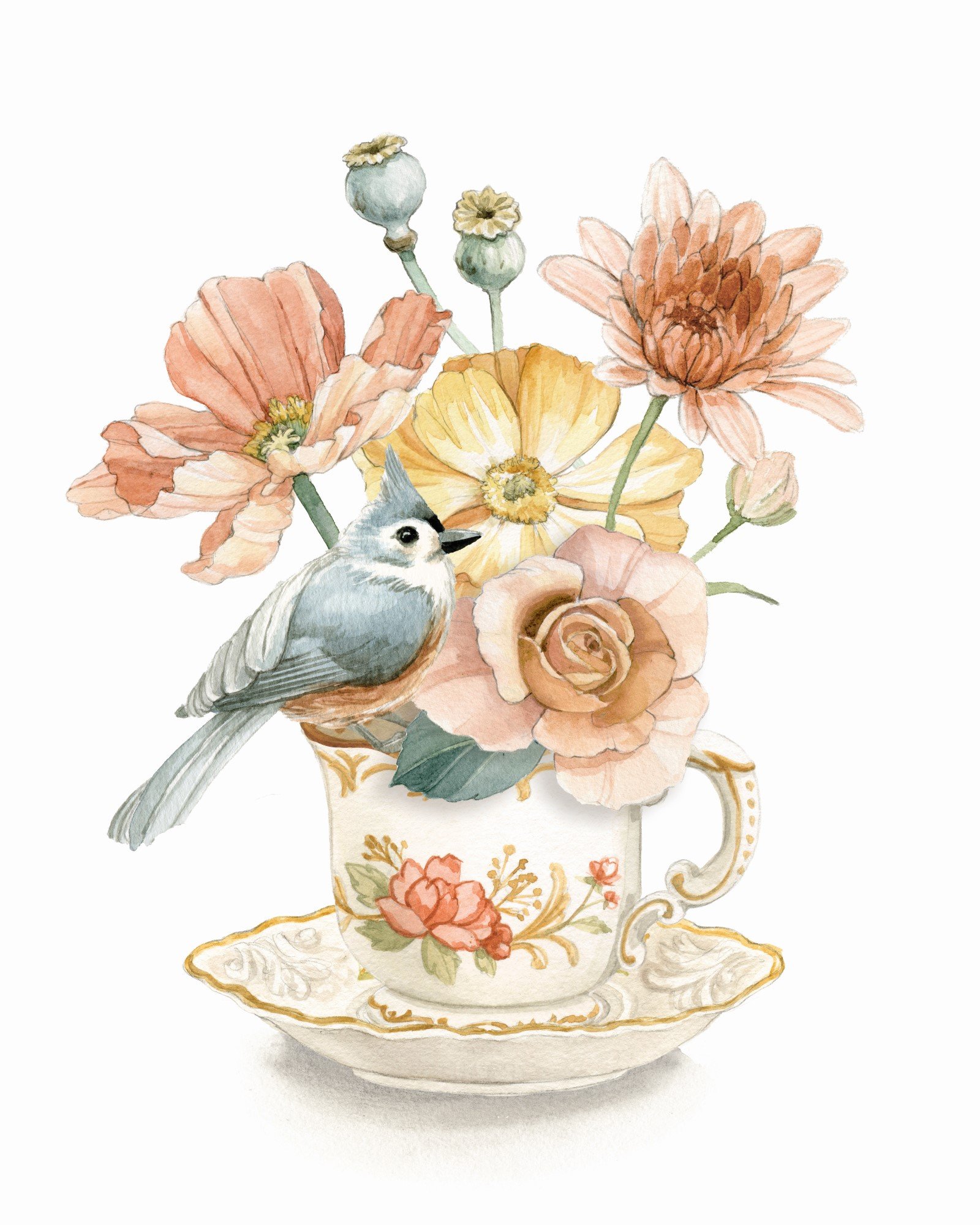 Teacup with a bird and flowers