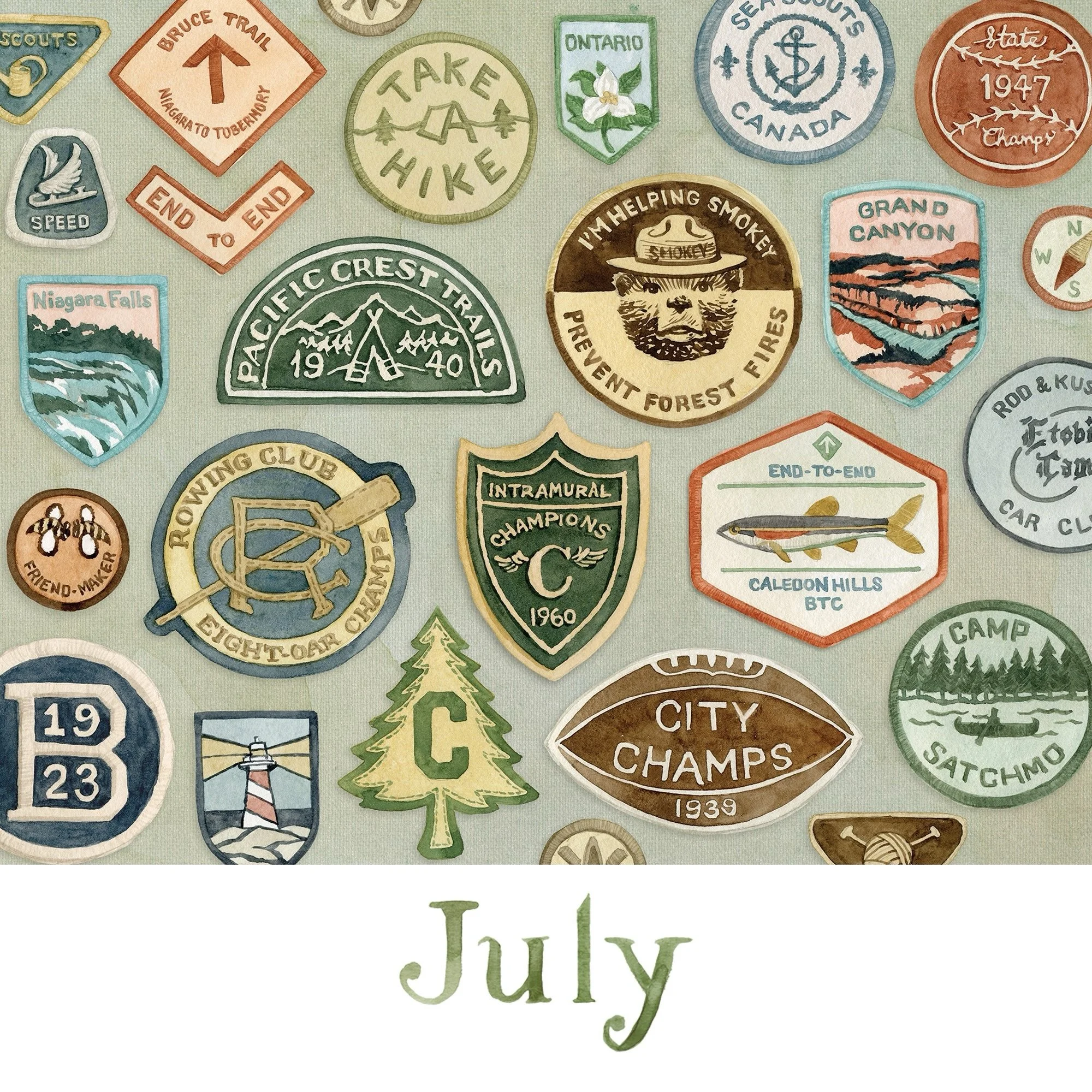 Happy July, happy summer, happy Canada Day! This month, the collection I chose to paint is VINTAGE PATCHES! Whether it&rsquo;s an achievement badge for Scouts, hiking or merit, or a souvenir from your travels or activity, patches are a fun way to hol