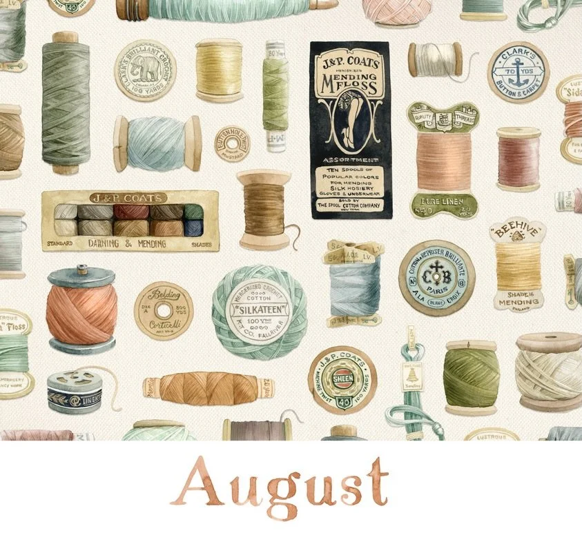 Happy August! This month, the collection I chose to paint is sewing-themed: THREAD! As an avid sewist, I have a lot of thread, both new and vintage. I do use some of the vintage spools, but most of it is just for display since it may not be as strong