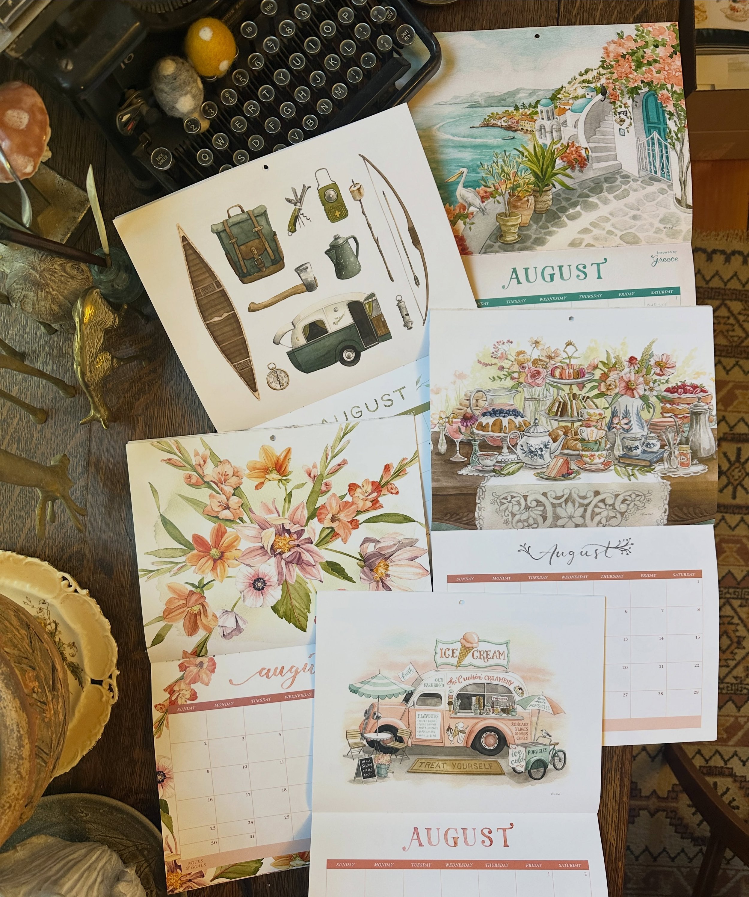 I love seeing all my calendars together! Which August is your favourite?! I think the ice cream truck is so much fun :) 

#calendarartist #artcalendar #watercolorcalendar #2026calendar #2027calendar