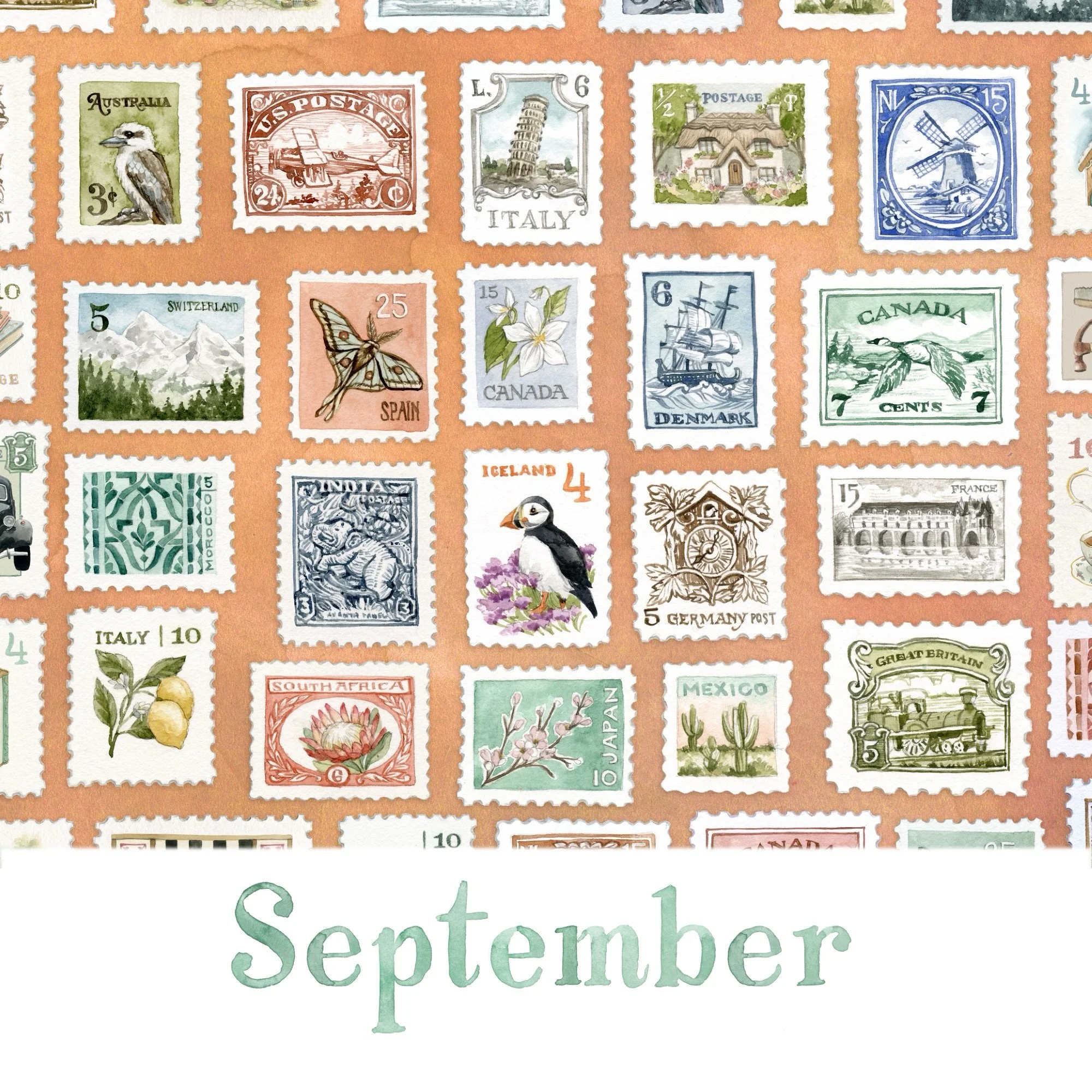 This month, the collection I chose to paint is STAMPS! As a stationery designer and small product business, I use stamps all the time! I would much rather &ldquo;decorate&rdquo; my envelopes with stamps vs a printed postage label, as they&rsquo;re li
