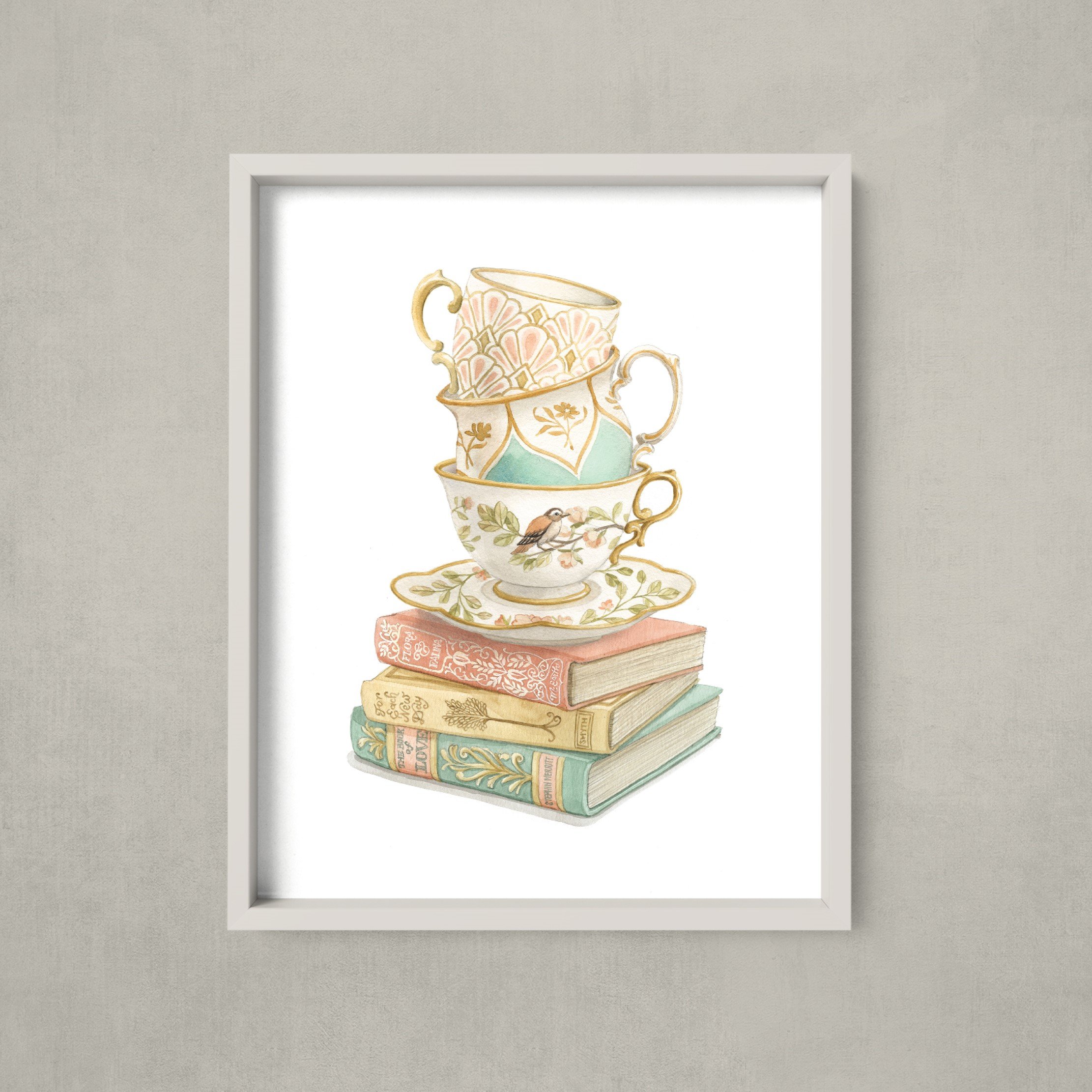 Teacup Stack on Books FRAMED 3 (Custom).jpg
