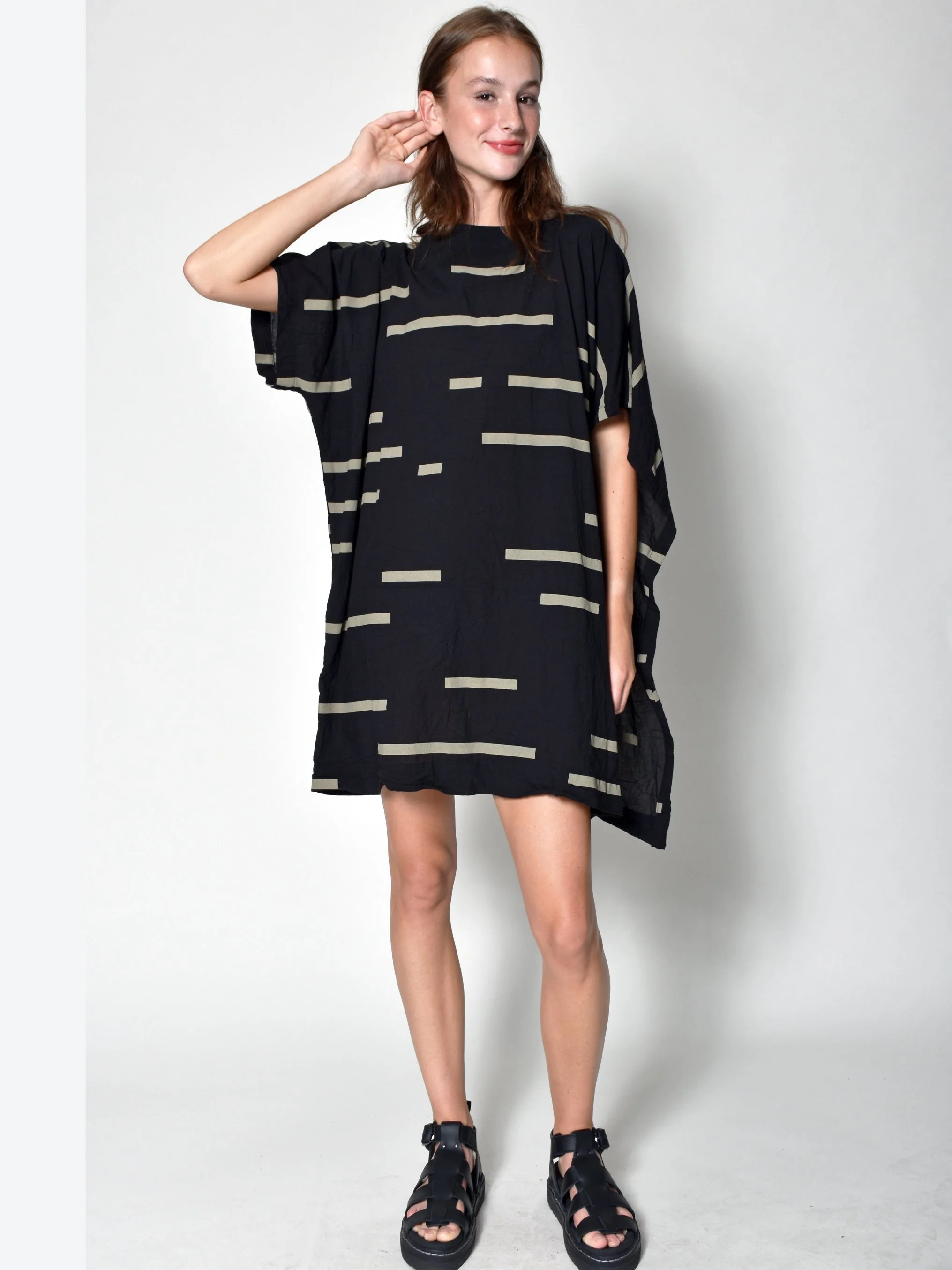 ASYM DRAPPED SLEEVE BROKEN STRIPE DRESS