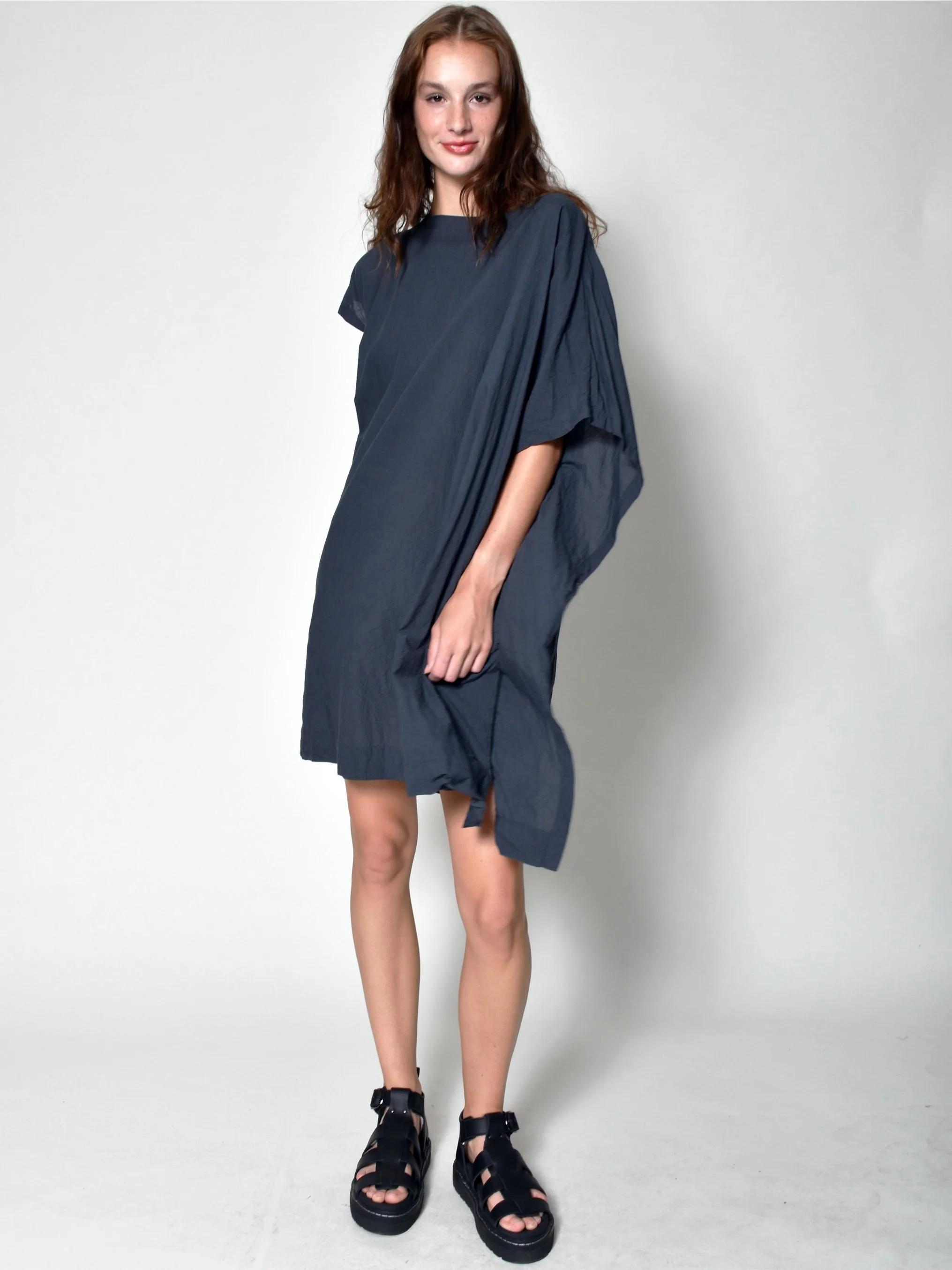 ASYM DRAPPED SLEEVE DRESS CHARCOAL