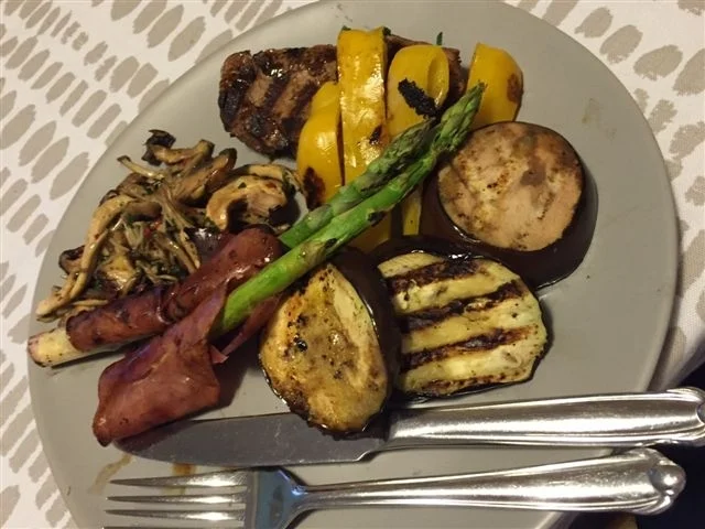 Beautiful barbecued vegetables and steak