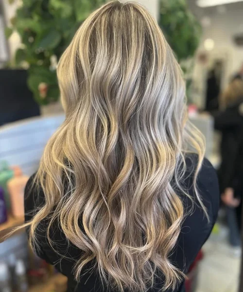 Blonde wavy balayage back view