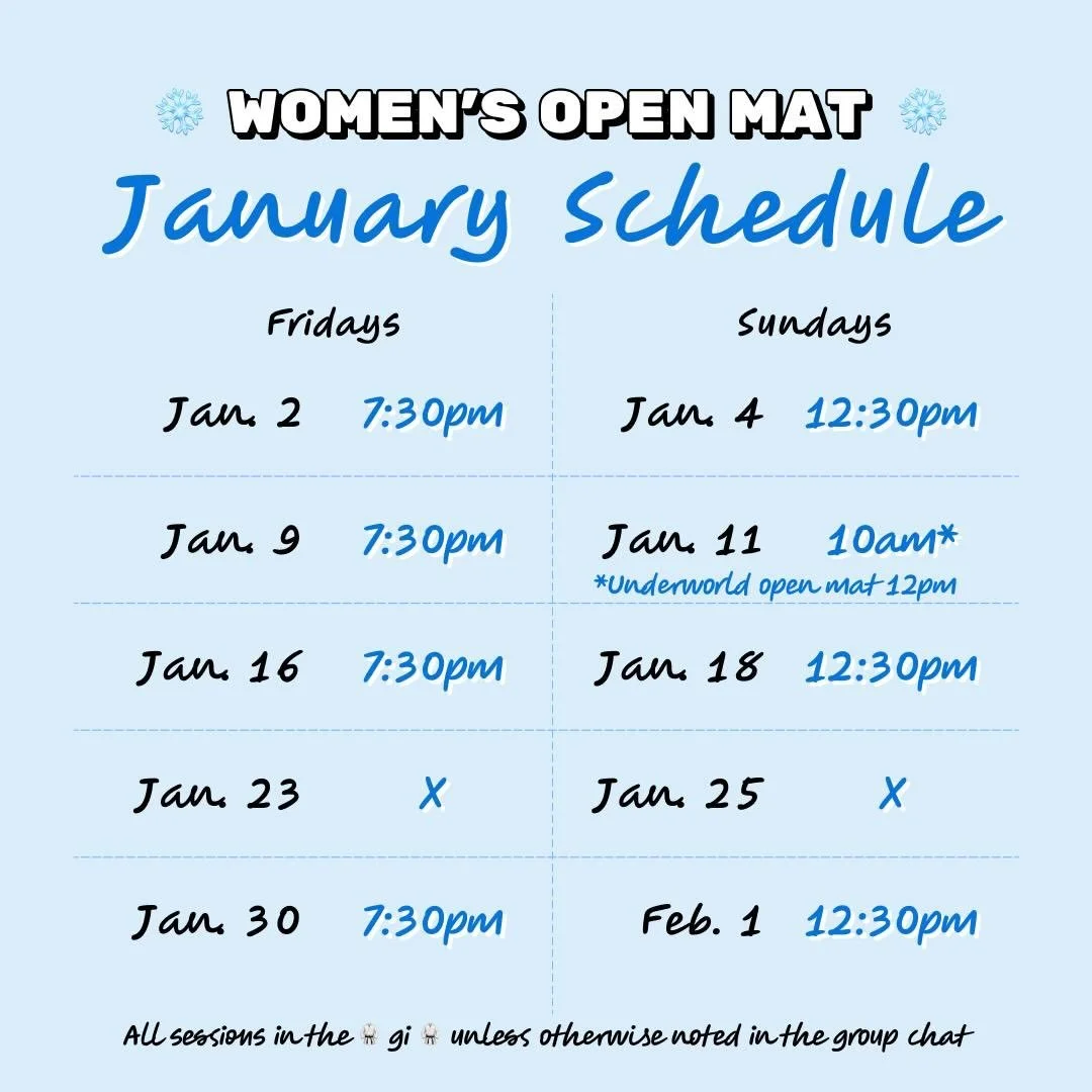 January schedule. It&rsquo;s gi season and cold so all gi this month. Will look to add nogi back starting February. Note the Jan 11 Underworld field trip. Double open mat days >>>