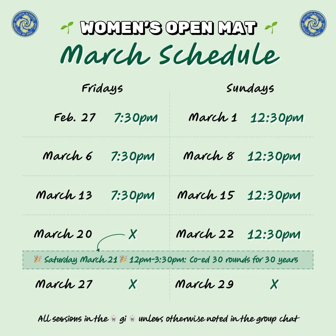 March schedule! More info on the March 21 open mat coming soon. If you&rsquo;re seeing this you&rsquo;re invited to that too 😁