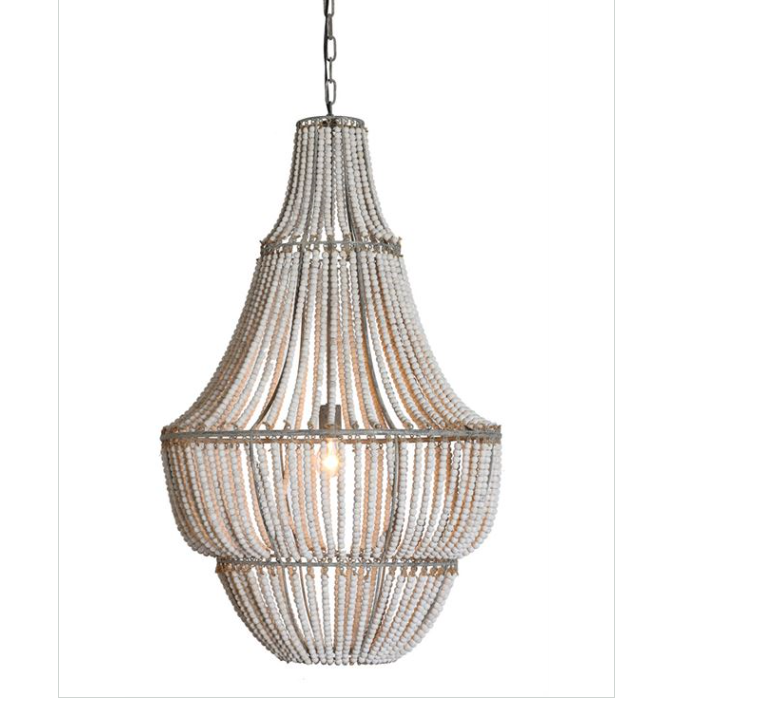 25-1/2" Round x 41-1/4"H Metal &amp; Wood Beads Chandelier, Whitewashed