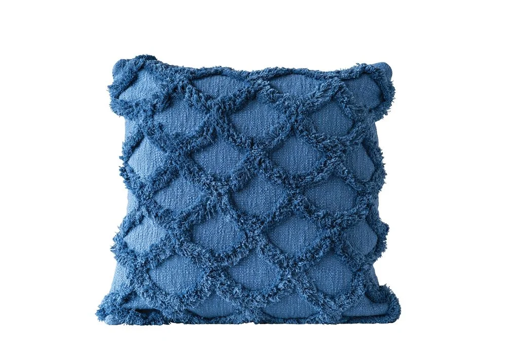 Square Cotton Chenille Scalloped Pillow,  Dark Blue