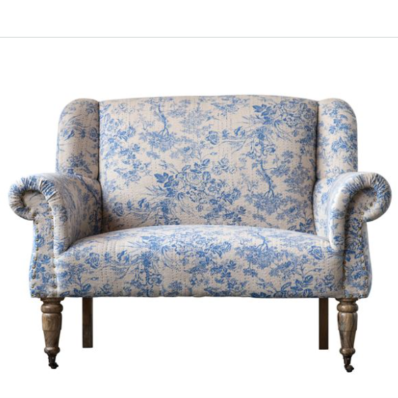 47"L x 25"D x 39"H Mango Wood &amp; Cotton Chambray Toile Pattern &amp; Kantha Stitch Settee, Blue