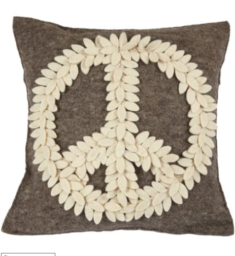 Hand Felted Pillow Cover - Cream Peace Sign on Gray - 20"