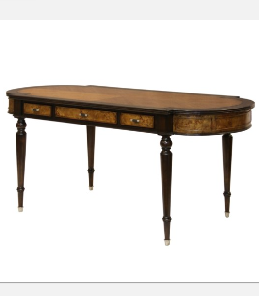 Executive Desk, Nappa &amp; Oak veneers with solid mahogany. Curved ends with turned legs and 3 drawers