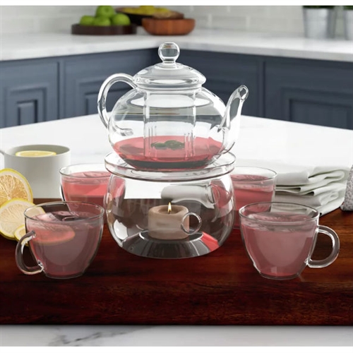 6-Piece Glass Tea Pot Set with 4 Cups Teapot Warmer and Infuser — GiGi  Marie Interiors
