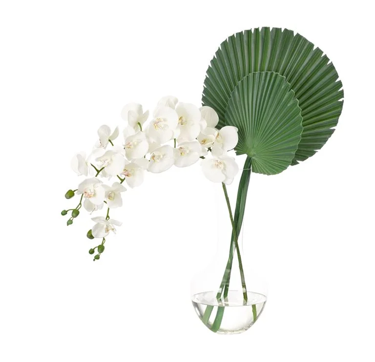 Double Orchid &amp; Palm in Glass Vase