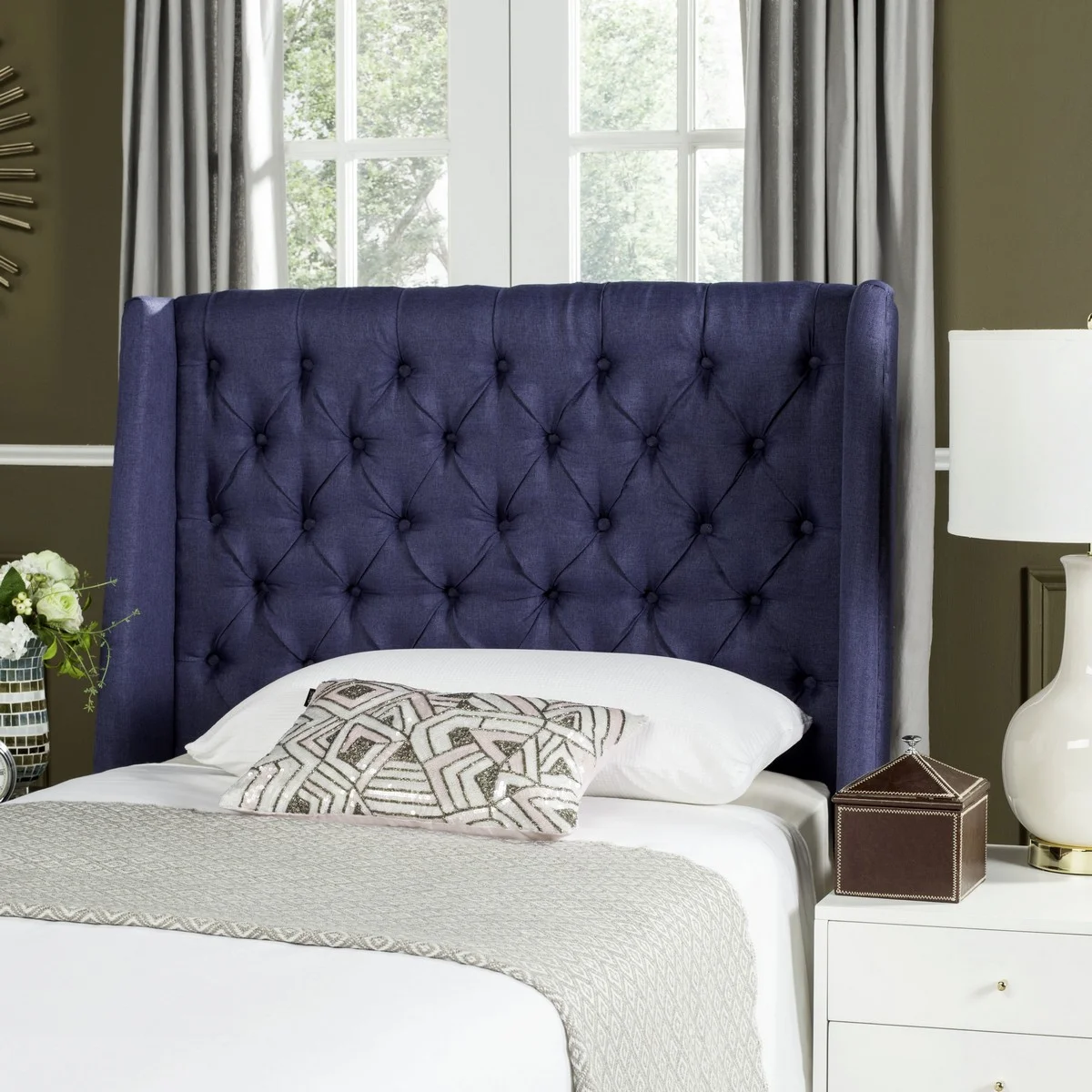 Navy Linen Tufted Winged Headboard - Flat Nail Heads