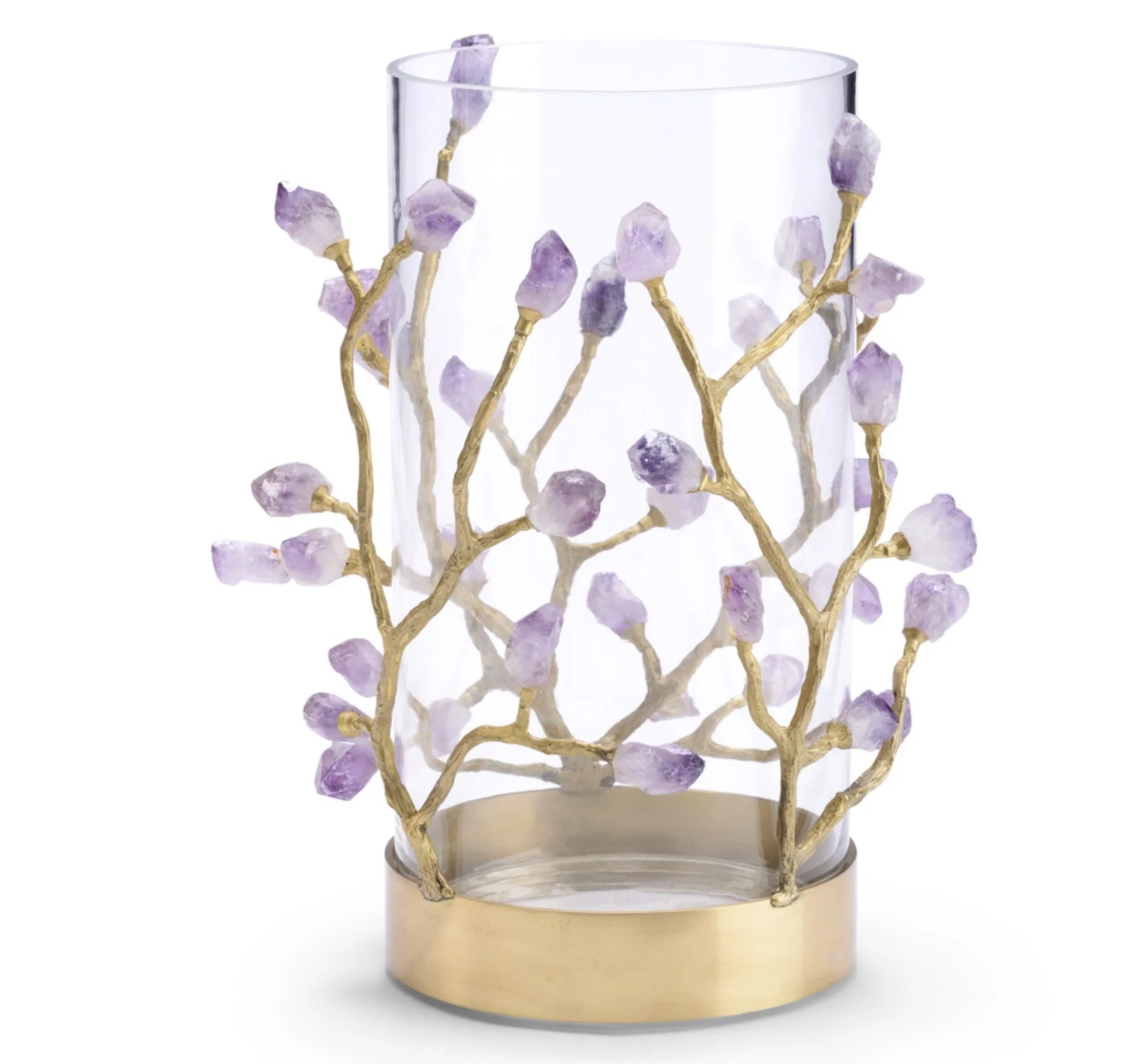 Antique Brass Hurricane/Vase With Natural Purple Crystals