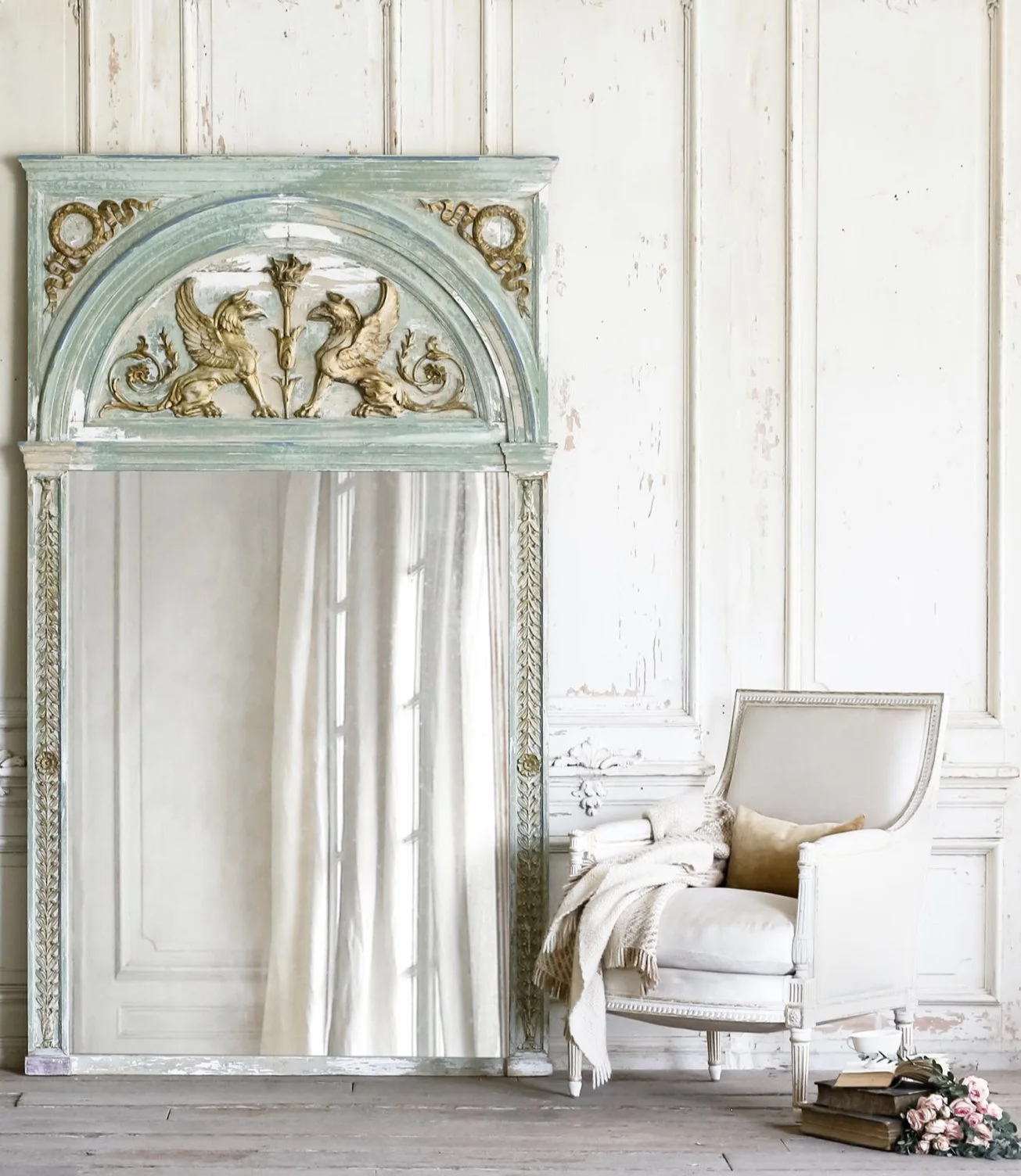 Antique Teal Mirror with Gryphons, France Circa 1900