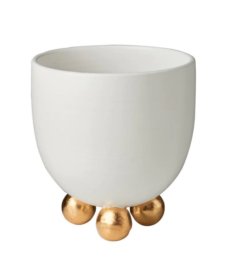 Catalina Footed Cachepot, Matte White, Gold Feet