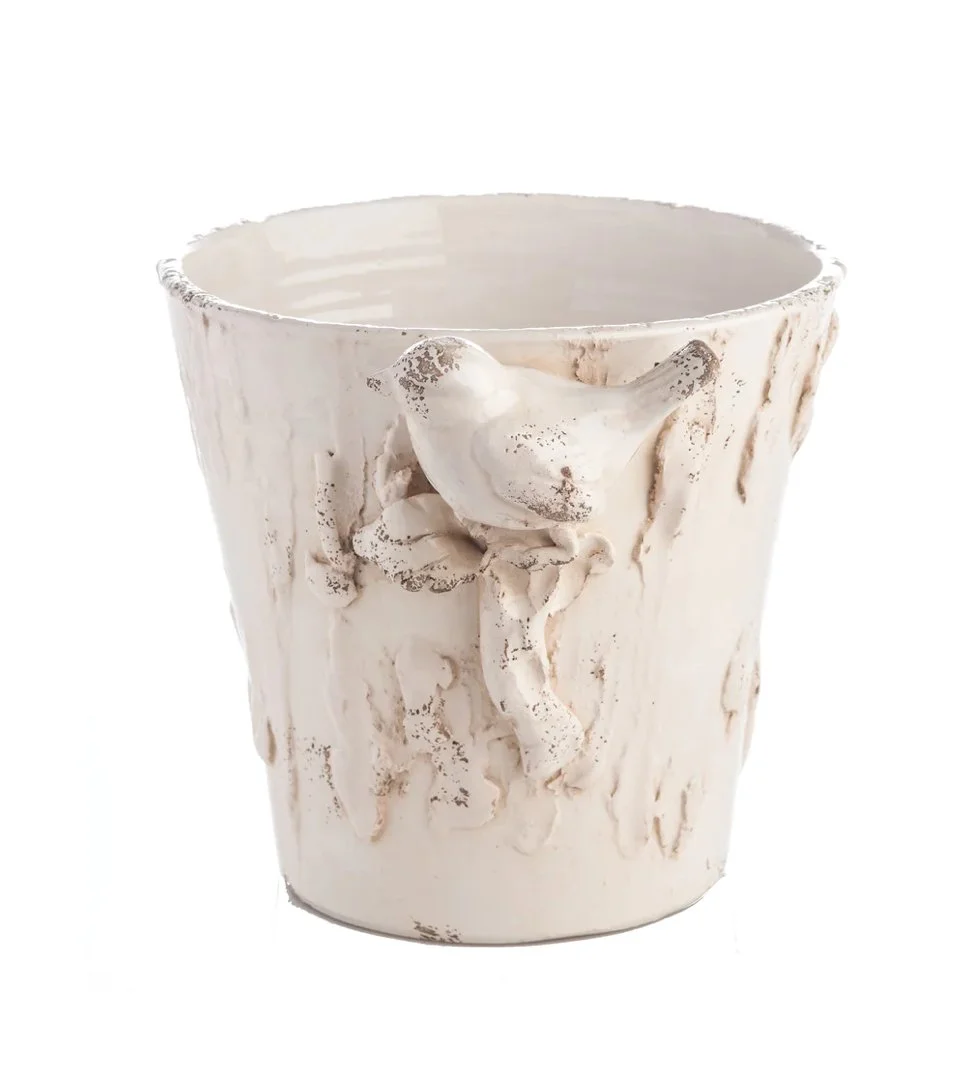 White Ceramic Cachepot with Bird