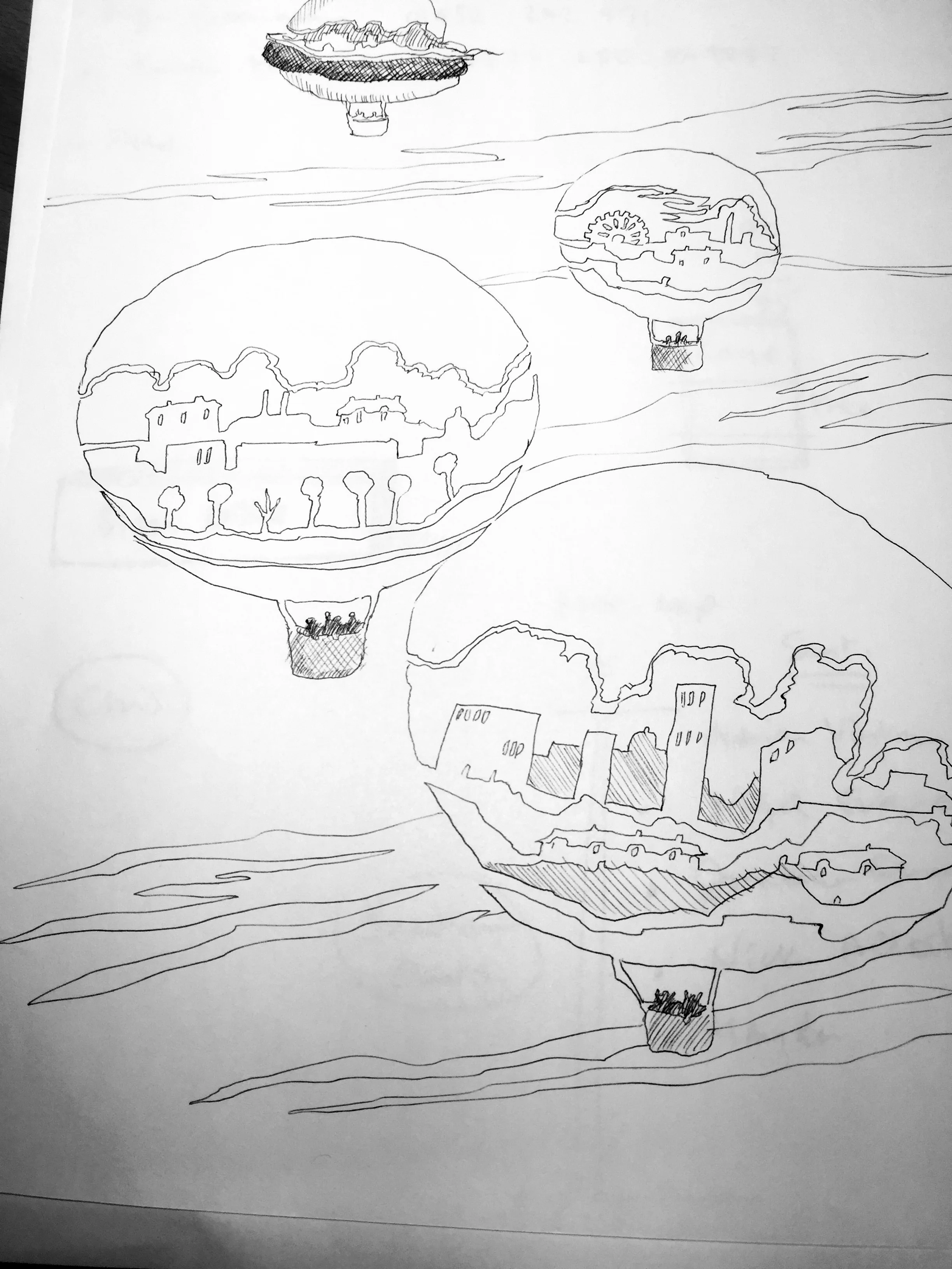 Balloons pursued by hamburger (monochrome)