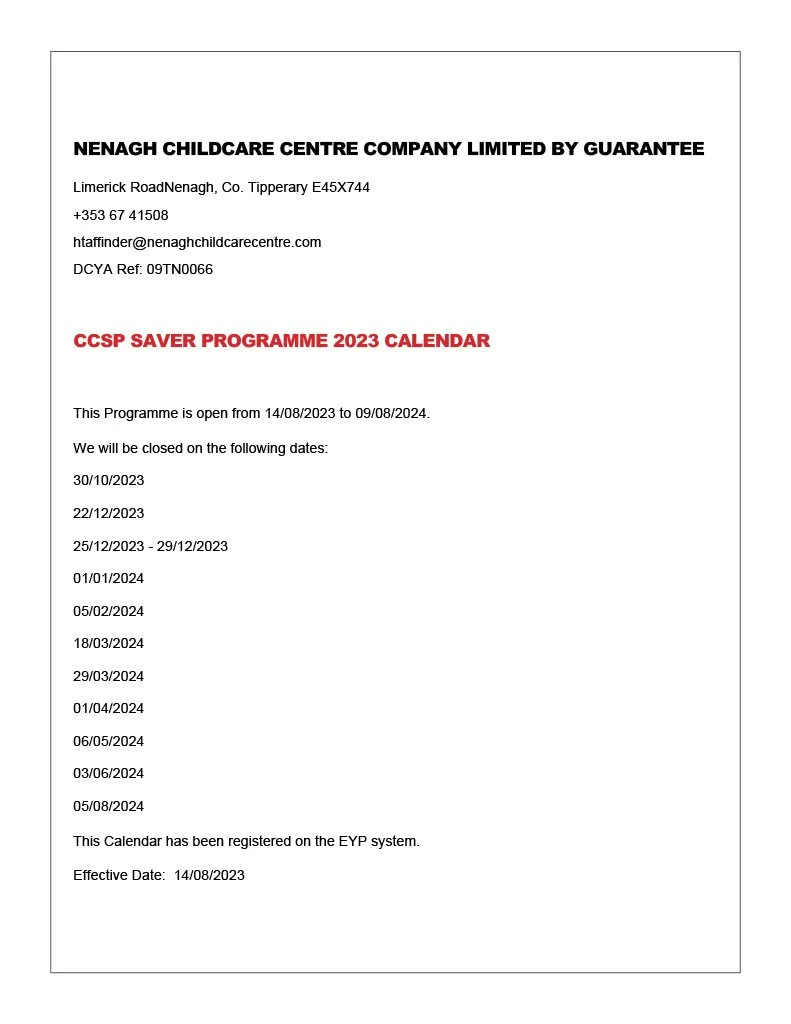 Service Calendars — Nenagh Childcare Centre