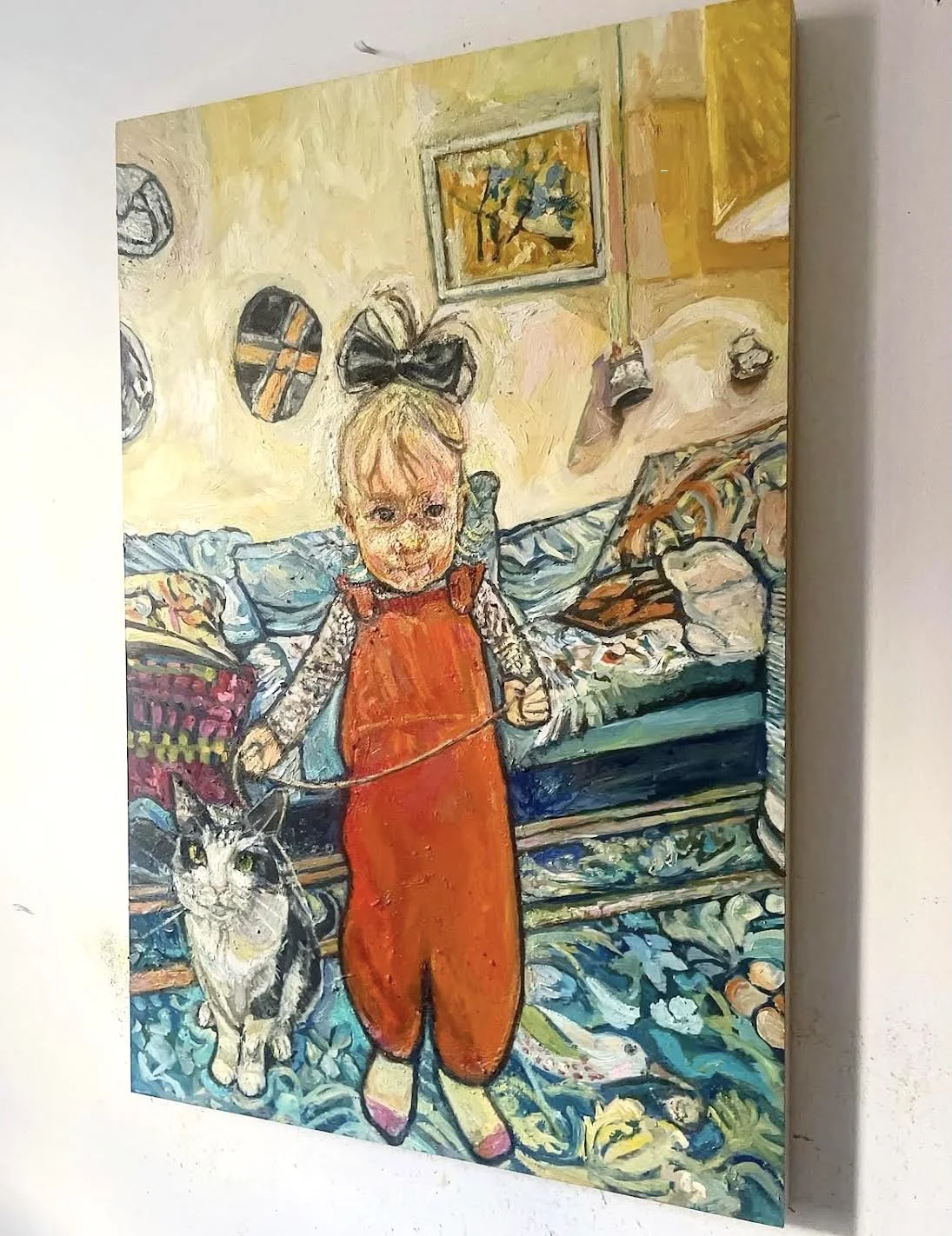    Marcella &amp; Napoleon Scuppernog, 2025,   Based on Francesco Goya’s ‘Manuel Osorio Manrique de   Zuñiga’ which is Marcella’s favorite painting,  for Laura   Oil on ampersand clayboard  30” x 40” 