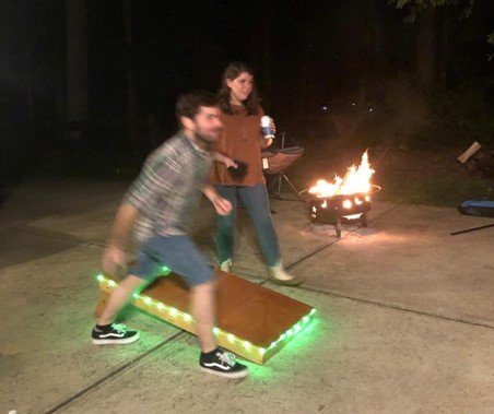 Dylan and Alex definitely winning at cornhole during a lab bonfire/cookout!