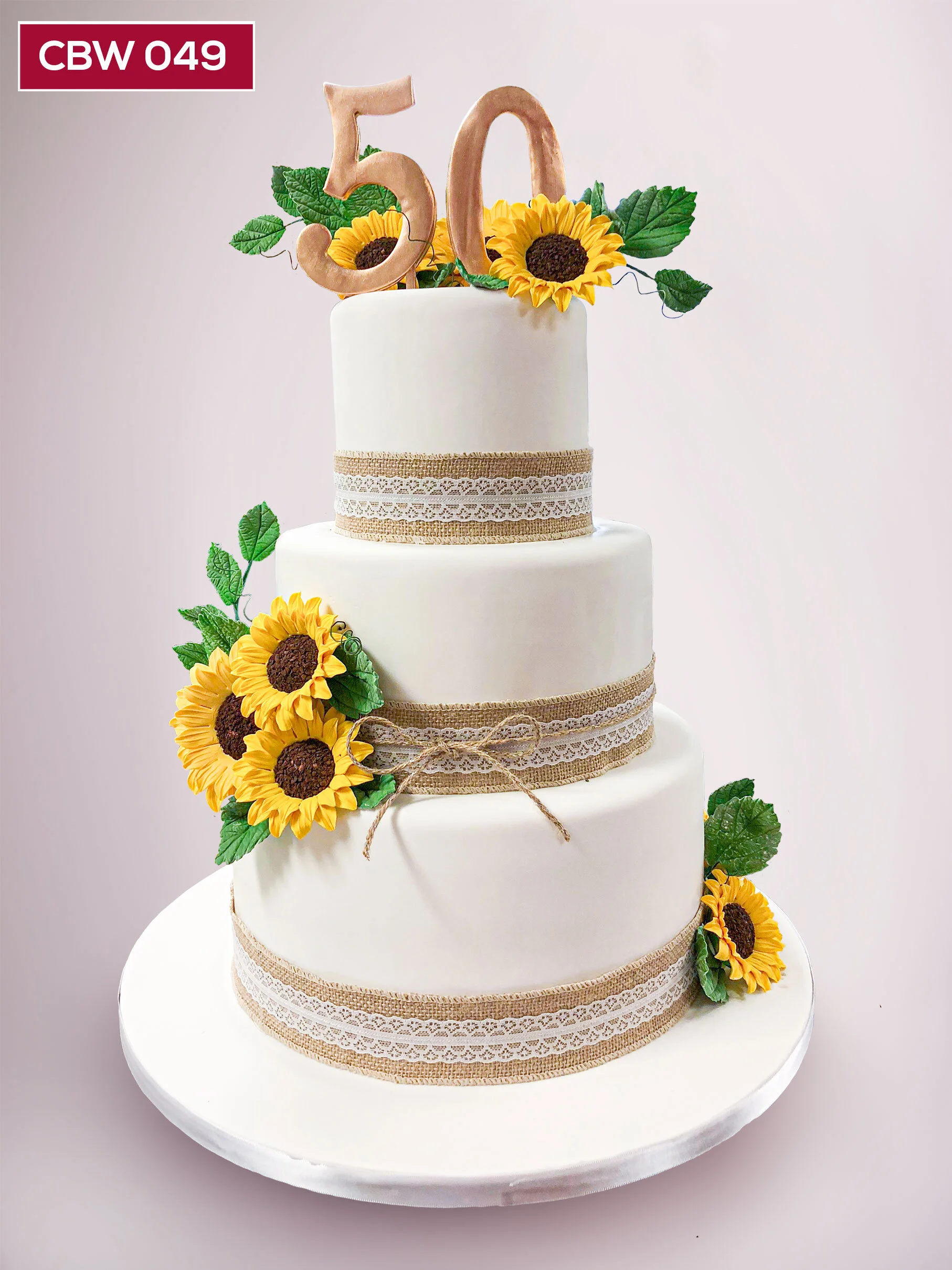CBW049_Custom_3 tier_sunflower_standing number_real burlap and lace ribbon_leaves-cc7.jpg