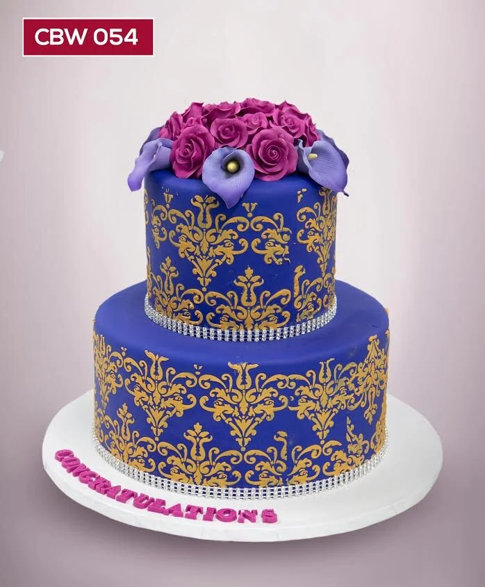 CBW054_Custom_congratulations_2 tier_stencil_damask_bling_stock flowers.jpg