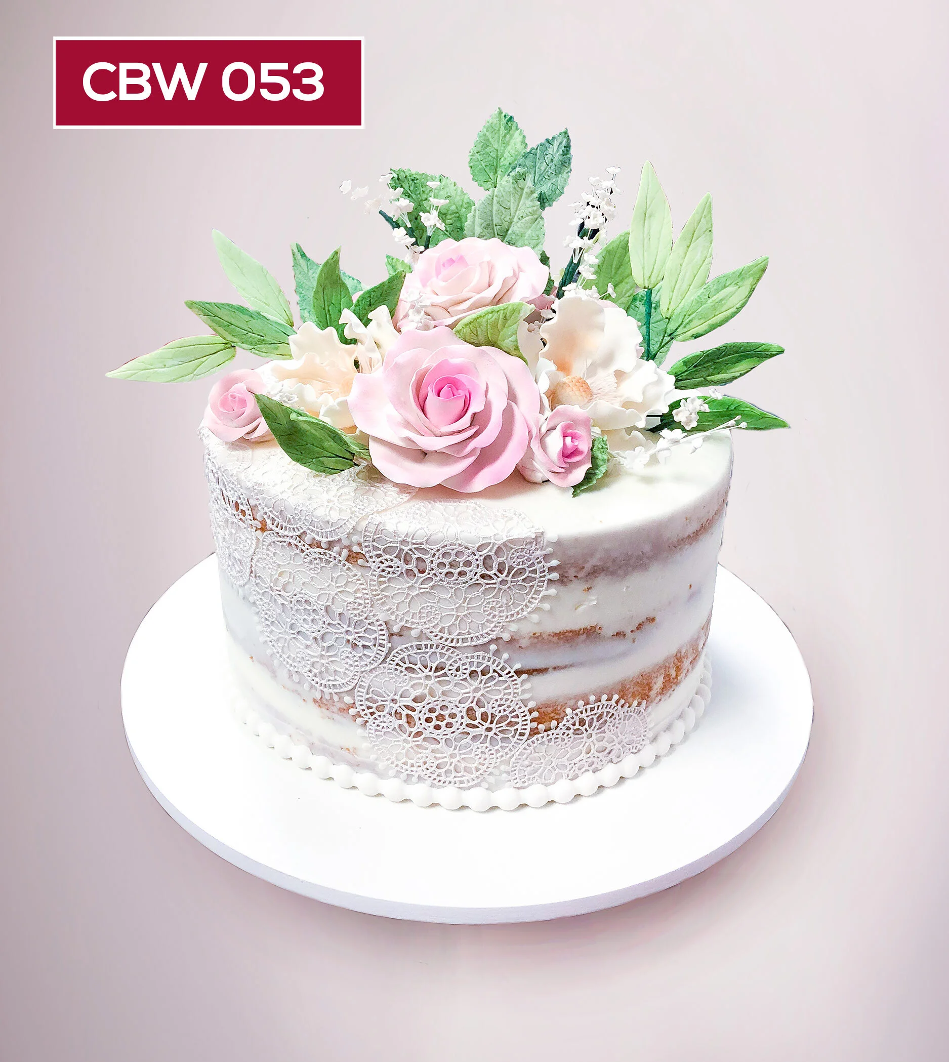 CBW053_Custom_shower_bridal_Naked_cake Lace_Single Tier_Pink_Green_Rose.jpg