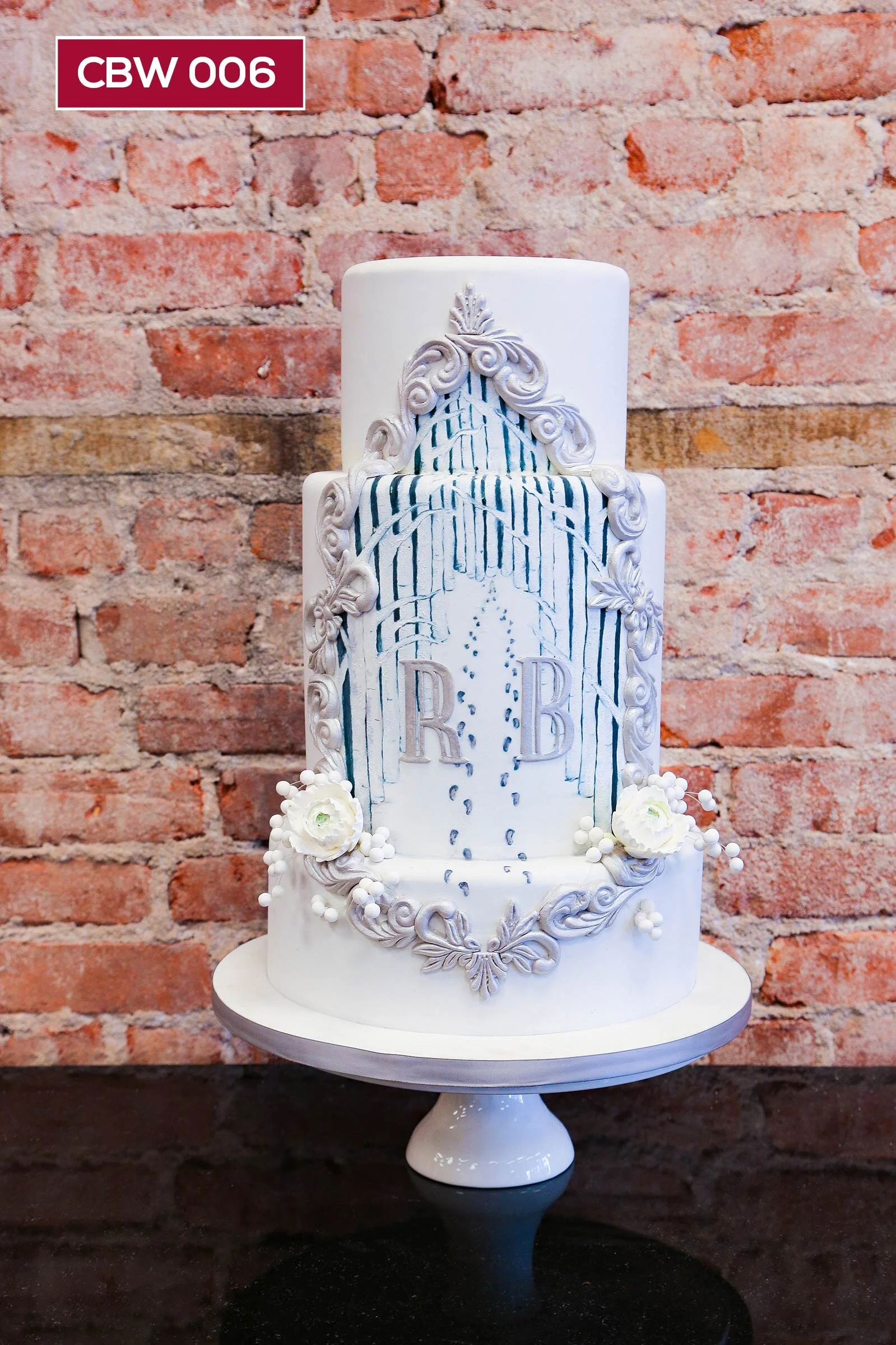 CBW006_Custom Cake_Hoboken Display_grey_3tier_winter_snow_silver_handpainted_monogram_frame.jpg