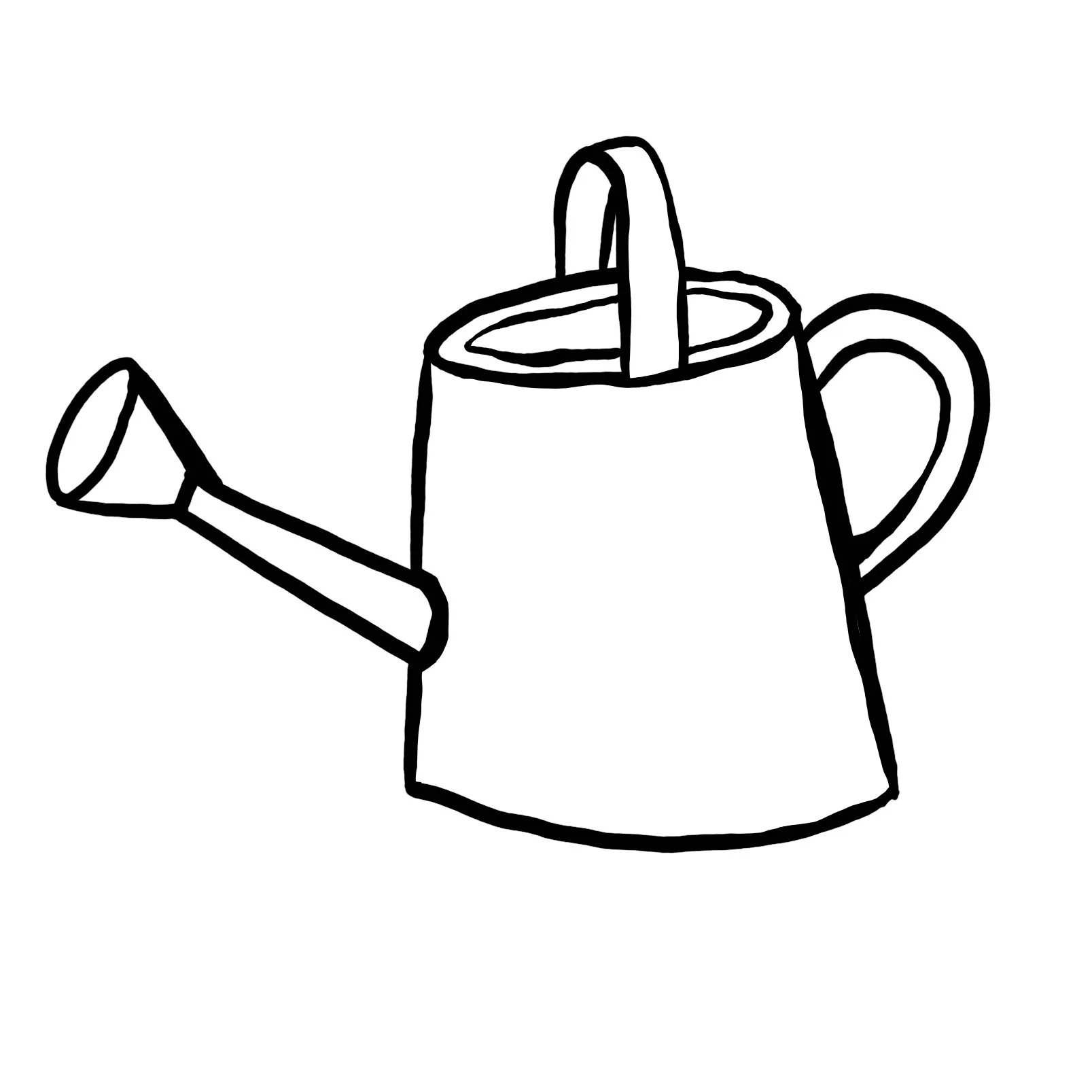 Black and white line drawing of a watering can with a spout, handle, and a long handle on top.