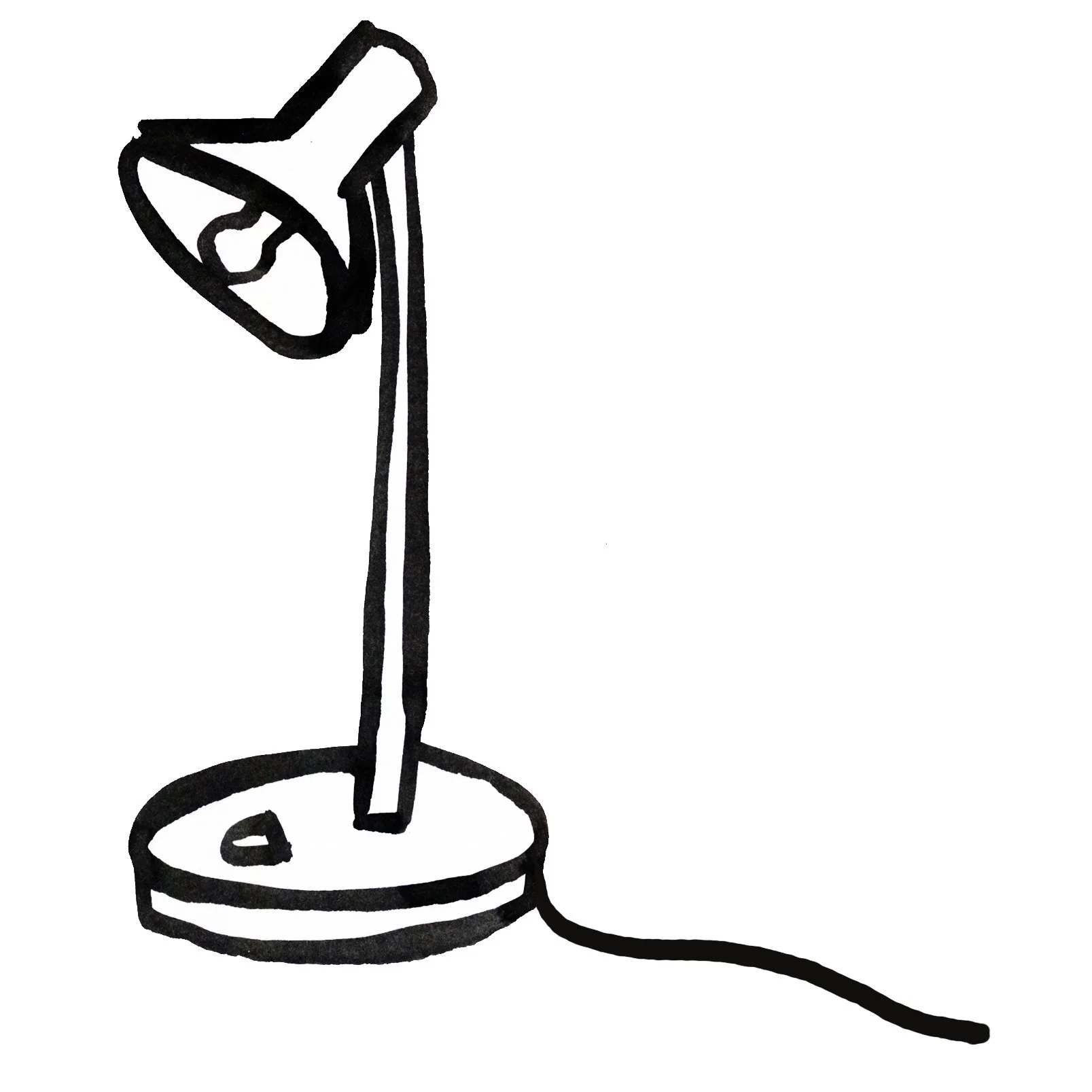 A black and white drawing of a desk lamp with an adjustable arm and a cord extending from the base.