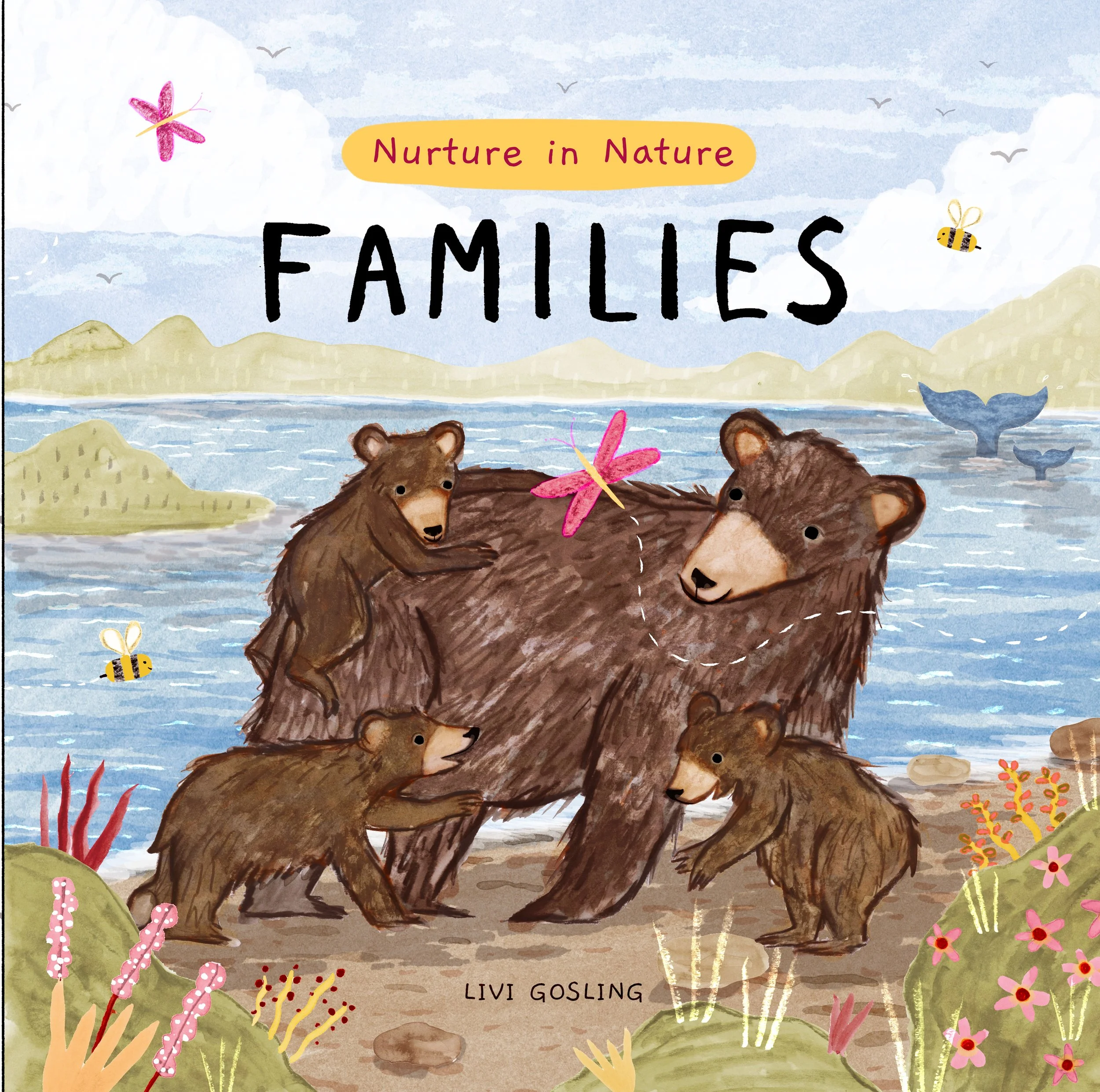 illustration of a mother bear and her three little cubs. brown bears next to a North American landscape . flora and fauna