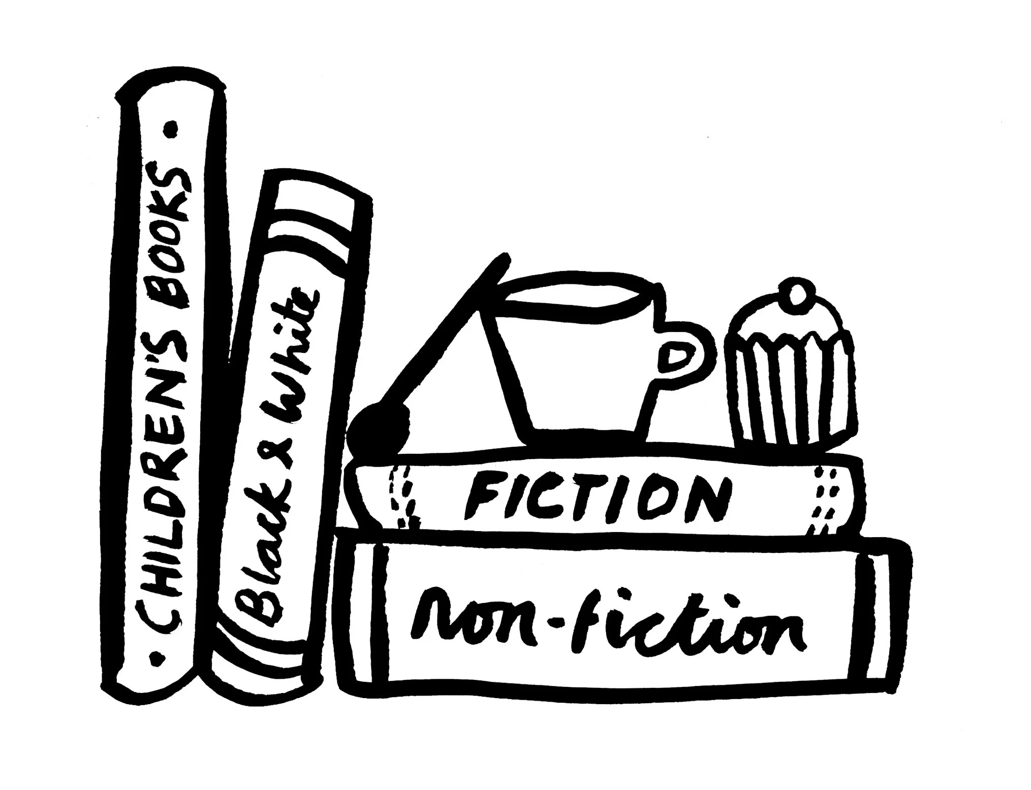Bookshelf with two books labeled 'Childrens Books' and 'Black & White', a cup, a cupcake, and two large books labeled 'Fiction' and 'Non-fiction'.