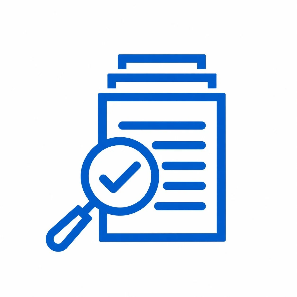 A blue outline icon of a stack of documents with a magnifying glass showing a checkmark, indicating searching or verifying documents.
