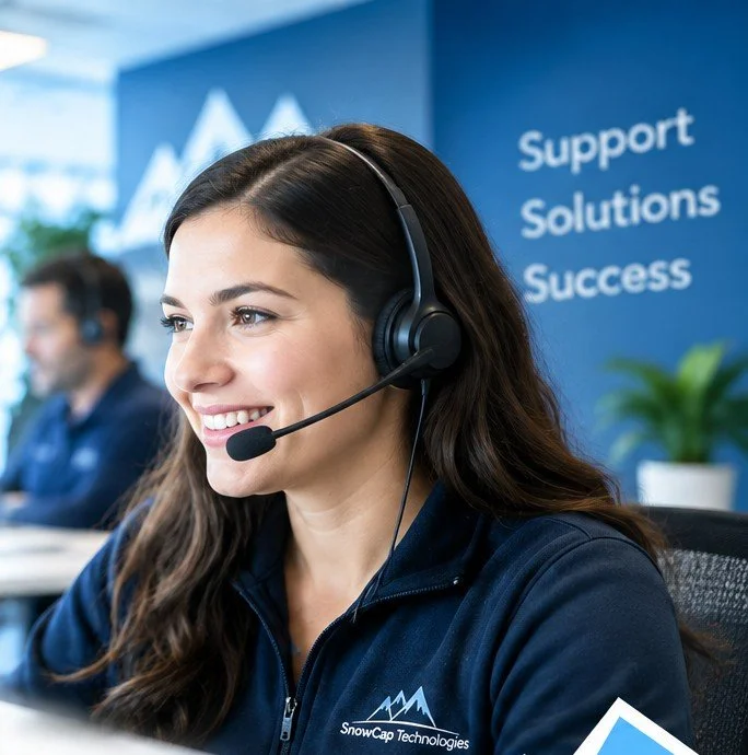 Customer service representative smiling while wearing a headset, with a blue wall in the background displaying support solutions and success, and a man and a woman working at desks.