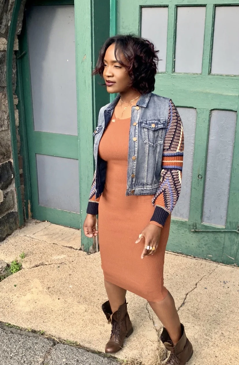 Rust Denim Tribal Knit Sleeve Jacket